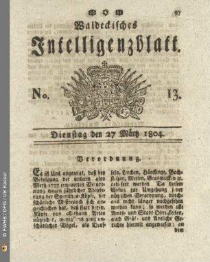 No. 13. Dienstag den 27 Maertz 1804