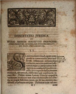 Diss. ... de spurio herede instituto querelam inofficiosi testamenti fratri excluso non procreante