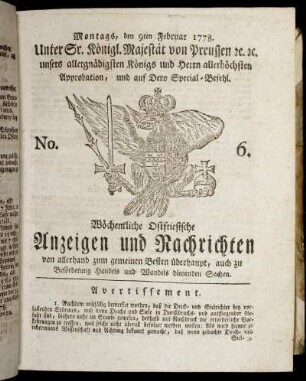 No. 6. Montags, den 9ten Februar 1778.