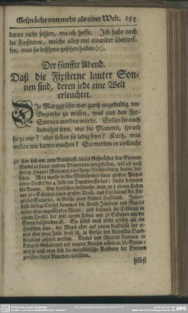 Der fünffte Abend. Daß die Fixsterne lauter Sonnen sind, deren jede eine Welt erleuchtet