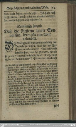 Der fünffte Abend. Daß die Fixsterne lauter Sonnen sind, deren jede eine Welt erleuchtet