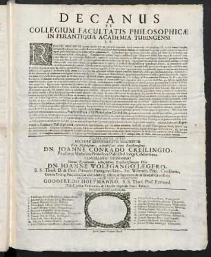 Decanus Et Collegium Facultatis Philosophicae In Perantiqua Academia Tubingensi L. S.