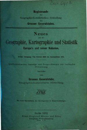 Registrande der Geographisch-Statistischen Abtheilung des Großen Generalstabes. 3. 1869/71 (1872), Okt. - Dez.