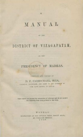 A manual of the district of Vizagapatam, in the presidency of Madras