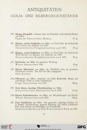 Antiquitäten. Gold- und Silbergegenstände (Nr. 250-282)