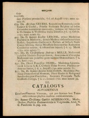 III. Catalogus alphabeticus Excellentissimorum Virorum, qui pro septimo hoc Tomo observationes physico-medicas communicarunt.