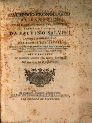 Catalogo cronologico de'Canonici della chiesa metropol. Fiorentina