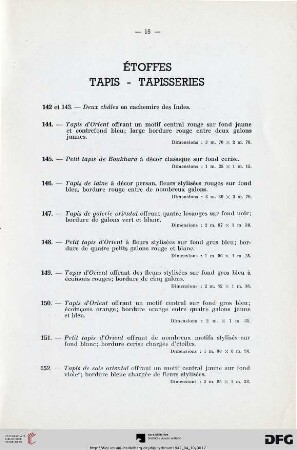 Étoffes Tapis - Tapisseries (Nr. 142-162)