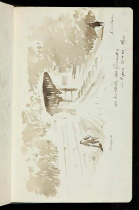 27r Nowack und Landauer an der Höhle des Cervantes, aquarellierte Federzeichnung