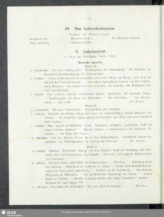 IV. Das Lehrerkollegium