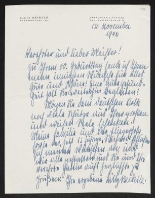 Brief von Lilly Bechtle an Gerhart Hauptmann