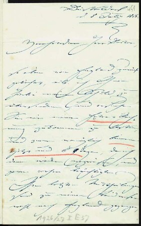 Brief von Clara Schumann an Eberhard Peters : Brief von Clara Schumann an Eberhard Peters. Düsseldorf, 08.07.1856. Seite 1. Dresden: SLUB Mscr.Dresd.App.232,181r