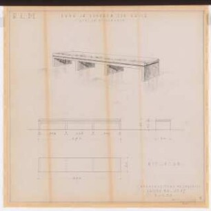 Reichsluftfahrtministerium, Berlin: Kasse L2 (EG), Bank im Vorraum: Perspektivische Ansicht, Ansichten, Grundriss 1:20