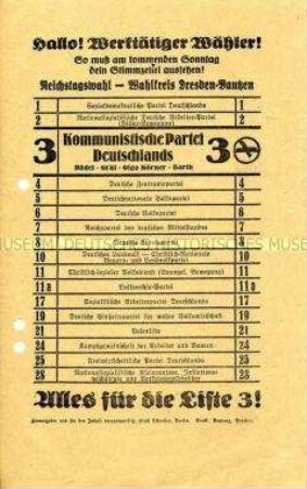 Propagandaflugblatt der KPD zur Reichstagswahl am 31. Juli 1932 im Layout eines Stimmzettels