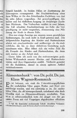 Alimentenbank/ von Dr. polit. Dr. jur. Klaus Wagner-Roemmich