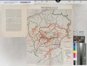 Kommunaler Zusammenschluß von Remscheid, Lennep und Lüttringhausen [Gemeindegrenzen. Grenzen nach dem Ministerialentwurf. Verkehrsstraßen, Eisenbahn, Straßenbahn]. [Stadtverwaltung Remscheid]