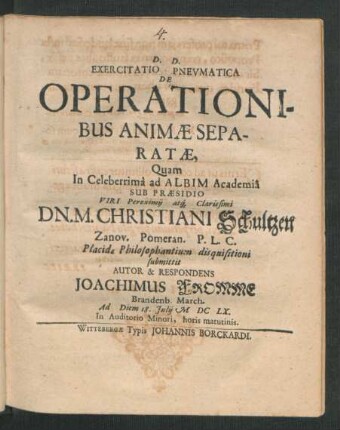 Exercitatio Pneumatica De Operationibus Animae Separatae