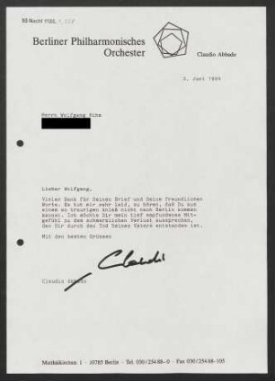 Brief an Wolfgang Rihm, 02.06.1994