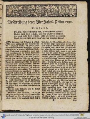 Beschreibung derer Vier Jahrs-Zeiten 1792.