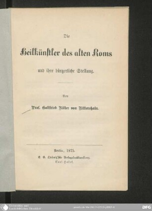 Die Heilkünstler des alten Roms und ihre bürgerliche Stellung