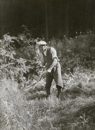 Schnitter mit Sense beim Grasschnitt am Waldrand (Geisingberg?)