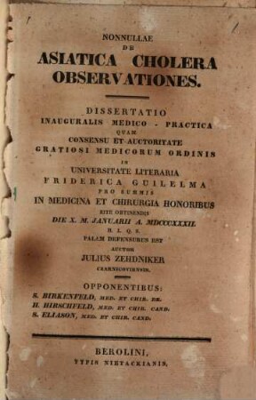 Nonnullae de Asiatica cholera observationes : dissertatio inauguralis medico-practica