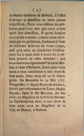 Dépêche De Leurs Altesses Royales Adressée Aux Magistrats De La Ville De Namur : En date du 19 Mai 1787.