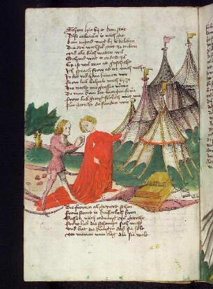 Frau Liebe führt den Knaben zu den Stufen vor dem Zelt von Frau Venus.
