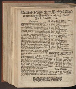 Nachricht der Predigten, Gerichts-Tage, Verlassungen und Jahr-Märckte dieses 1732. Jahrs, In Hamburg.