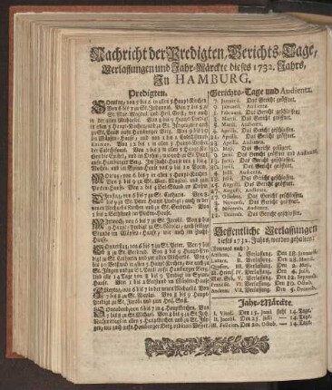Nachricht der Predigten, Gerichts-Tage, Verlassungen und Jahr-Märckte dieses 1732. Jahrs, In Hamburg.