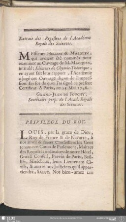 Extrait des Registres de l'Académie Royale des Sciences