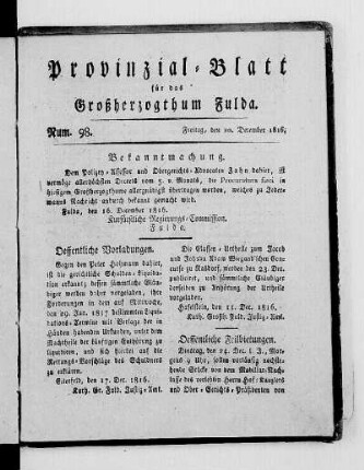 Num. 98., Ausgabe vom 20. Dezember 1816