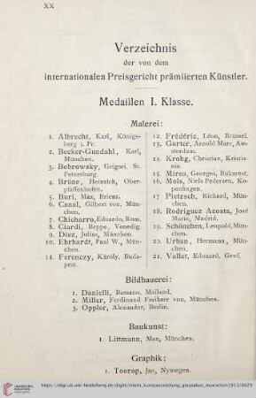 Verzeichnis der von dem internationalen Preisgericht prämiierten Künstler