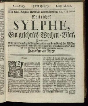 (XII. Stück.) den 1. Februari. Anno 1752.