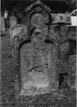 Grabstein 193 (Index: 99789807) Material: Sandstein Zustand: sehr stark verwittert mit sehr großem Textverlust Maße HxBxT: 102x50x13 cm: Grabstein 193