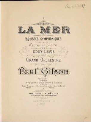 La mer : esquisses symphoniques d'après un poème de Eddy Levis ; pour grand orchestre