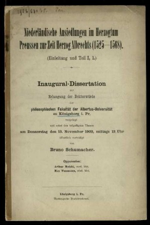 Niederländische Ansiedlungen im Herzogtum Preussen zur Zeit Herzog Albrechts (1525-1568)