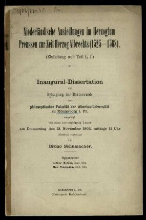 Niederländische Ansiedlungen im Herzogtum Preussen zur Zeit Herzog Albrechts (1525-1568)