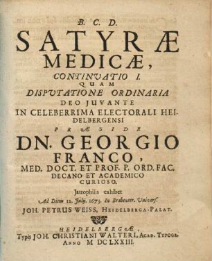 Satyrae Medicae, Continuatio .... 1