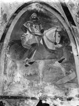 Ritter mit Katzenelnbogener Wappen : Ritter mit Katzenelnbogener Wappen. Fresko (1903). Braubach, Marksburg, Burgkapelle Sankt Markus