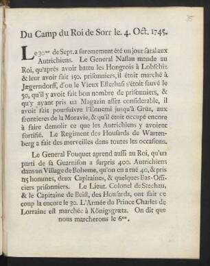 Du Camp du Roi de Sorr le. 4. Oct. 1745
