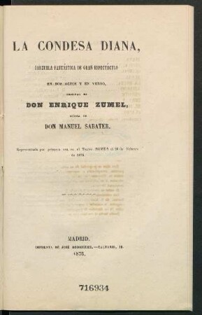 La condesa Diana : zarzuela fantástica de gran espectáculo en dos actos y en verso