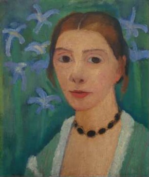 Selbstbildnis vor grünem Hintergrund mit blauer Iris