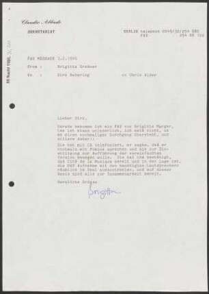 Brief an Dirk Nabering an Berliner Festspiele, 03.02.1995