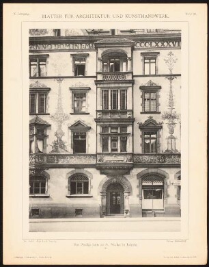 Predigerhaus zu St. Nicolai, Leipzig: Ansicht Detail (aus: Blätter für Architektur und Kunsthandwerk, 10. Jg., 1897, Tafel 22)