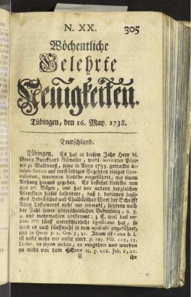 N. XX. Tübingen, den 16. May. 1738