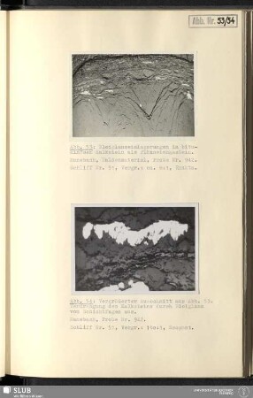 Abb. 53 Bleiglanzeinlagerungen in bituminösem Kalkstein als Flöznebengestein Abb. 54 Vergrößerter Ausschnitt aus Abb. 53