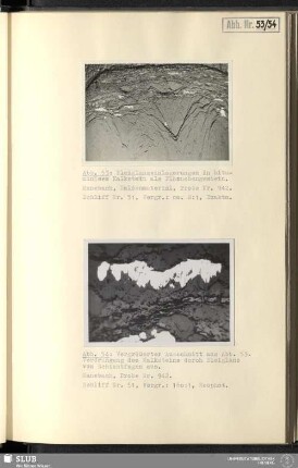 Abb. 53 Bleiglanzeinlagerungen in bituminösem Kalkstein als Flöznebengestein Abb. 54 Vergrößerter Ausschnitt aus Abb. 53