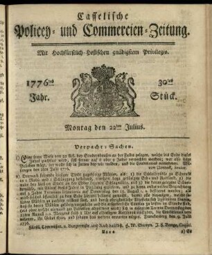 30tes Stueck, Montag den 22ten Julius 1776