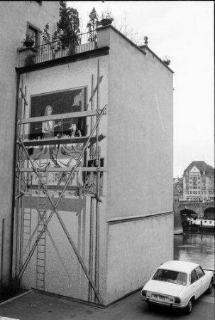 Basel: Gerüstbemalung an Hausfassade [Wandbild], Rheinsprung